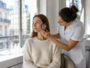 Tatouage taches de rousseur : prix, avis et virage au gris Jeune femme consultant une esthéticienne dans un salon pour un tatouage taches de rousseur prix avis