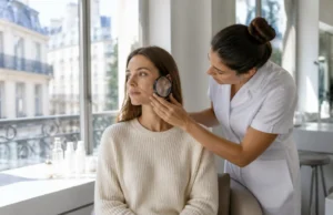 Tatouage taches de rousseur : prix, avis et virage au gris Jeune femme consultant une esthéticienne dans un salon pour un tatouage taches de rousseur prix avis