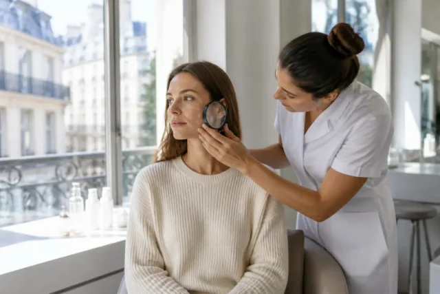 Jeune femme consultant une esthéticienne dans un salon pour un tatouage taches de rousseur prix avis