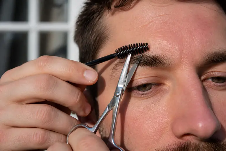 Main tenant des ciseaux de précision pour tailler délicatement les poils longs d'un sourcil d'homme
