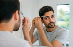 Comment entretenir ses sourcils homme sans trop épiler ? Un homme soigne ses sourcils homme devant le miroir d'une salle de bains lumineuse.