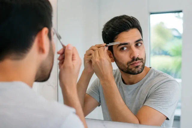 Un homme soigne ses sourcils homme devant le miroir d'une salle de bains lumineuse.